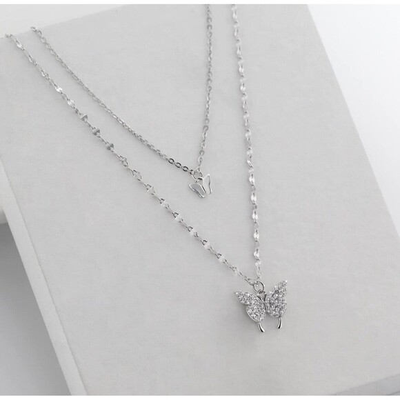 Silver Butterfly Double Layer Necklace Pendant Multi Strand Jewelry 1 p - Picture 1 of 11